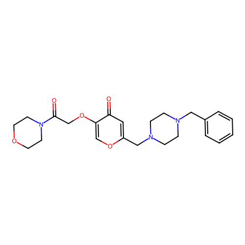 2-((4-benzylpiperazin-1-yl)methyl)-5-(2-morpholino-2-oxoethoxy)-4H-pyran-4-one structure
