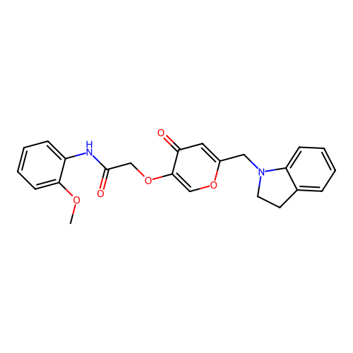 2-((6-(indolin-1-ylmethyl)-4-oxo-4H-pyran-3-yl)oxy)-N-(2-methoxyphenyl)acetamide structure