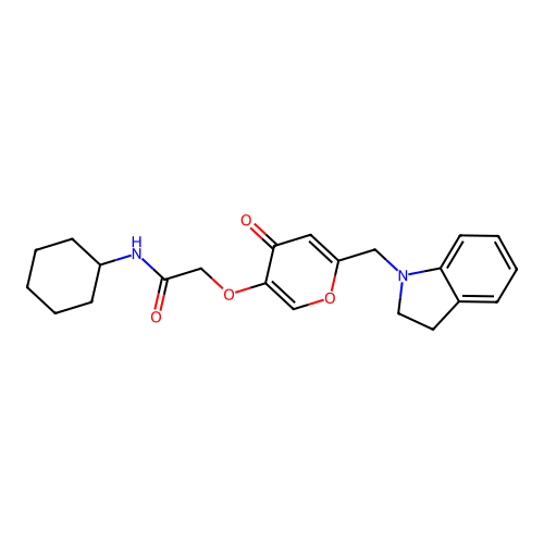 N-cyclohexyl-2-((6-(indolin-1-ylmethyl)-4-oxo-4H-pyran-3-yl)oxy)acetamide structure