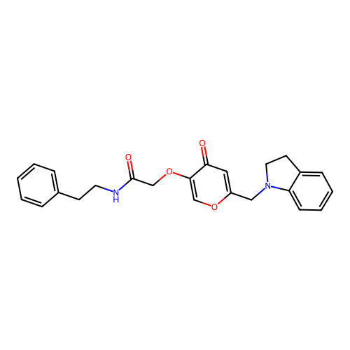 2-((6-(indolin-1-ylmethyl)-4-oxo-4H-pyran-3-yl)oxy)-N-phenethylacetamide structure