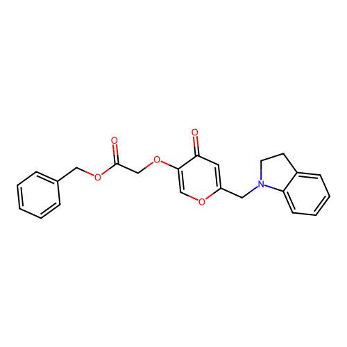benzyl 2-((6-(indolin-1-ylmethyl)-4-oxo-4H-pyran-3-yl)oxy)acetate structure