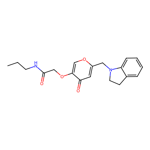 2-((6-(indolin-1-ylmethyl)-4-oxo-4H-pyran-3-yl)oxy)-N-propylacetamide structure