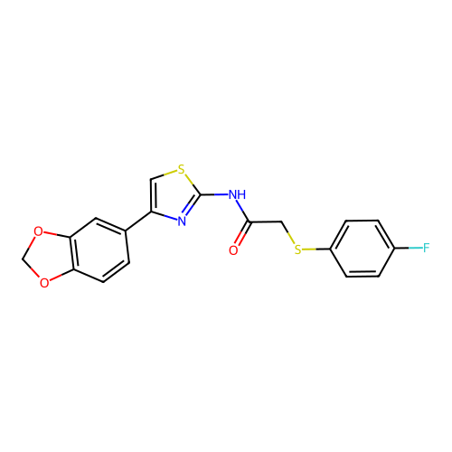 N-[4-(2H-1,3-benzodioxol-5-yl)-1,3-thiazol-2-yl]-2-[(4-fluorophenyl)sulfanyl]acetamide structure