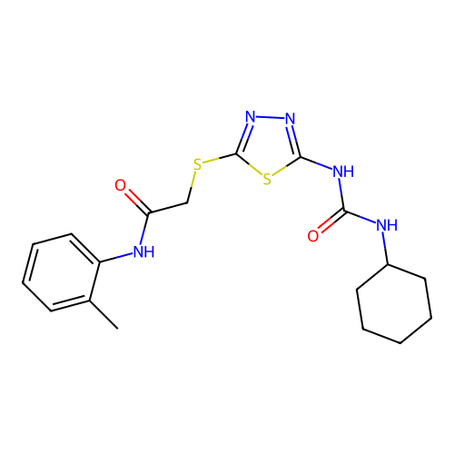 2-((5-(3-cyclohexylureido)-1,3,4-thiadiazol-2-yl)thio)-N-(o-tolyl)acetamide structure