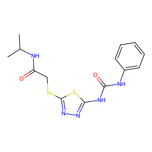 N-isopropyl-2-((5-(3-phenylureido)-1,3,4-thiadiazol-2-yl)thio)acetamide structure