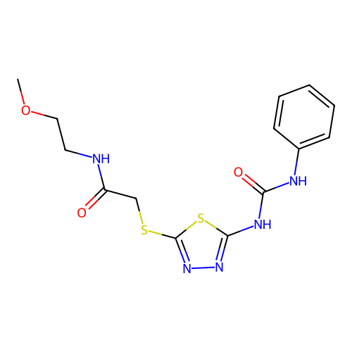 N-(2-methoxyethyl)-2-((5-(3-phenylureido)-1,3,4-thiadiazol-2-yl)thio)acetamide structure