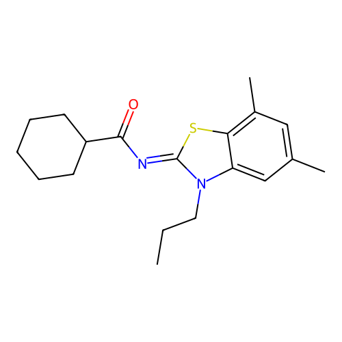 N-(5,7-dimethyl-3-propyl-1,3-benzothiazol-2-ylidene)cyclohexanecarboxamide structure
