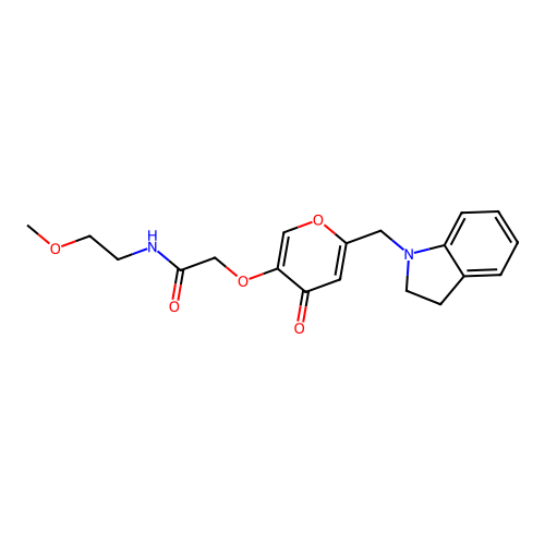 2-((6-(indolin-1-ylmethyl)-4-oxo-4H-pyran-3-yl)oxy)-N-(2-methoxyethyl)acetamide structure