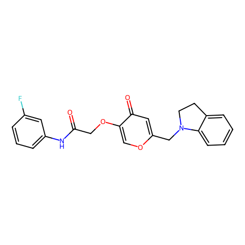 2-({6-[(2,3-dihydro-1H-indol-1-yl)methyl]-4-oxo-4H-pyran-3-yl}oxy)-N-(3-fluorophenyl)acetamide structure