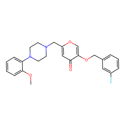 5-((3-fluorobenzyl)oxy)-2-((4-(2-methoxyphenyl)piperazin-1-yl)methyl)-4H-pyran-4-one structure