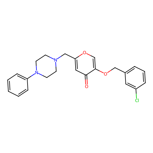 5-((3-chlorobenzyl)oxy)-2-((4-phenylpiperazin-1-yl)methyl)-4H-pyran-4-one structure