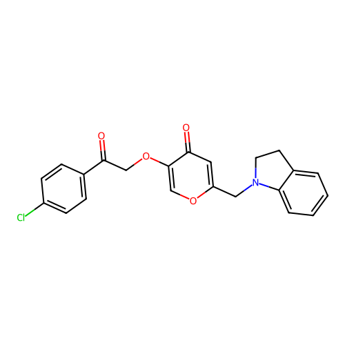 5-(2-(4-chlorophenyl)-2-oxoethoxy)-2-(indolin-1-ylmethyl)-4H-pyran-4-one structure