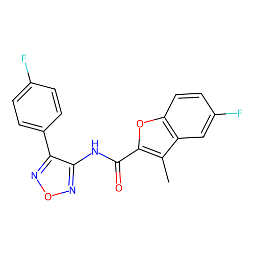 5-fluoro-N-[4-(4-fluorophenyl)-1,2,5-oxadiazol-3-yl]-3-methyl-1-benzofuran-2-carboxamide structure
