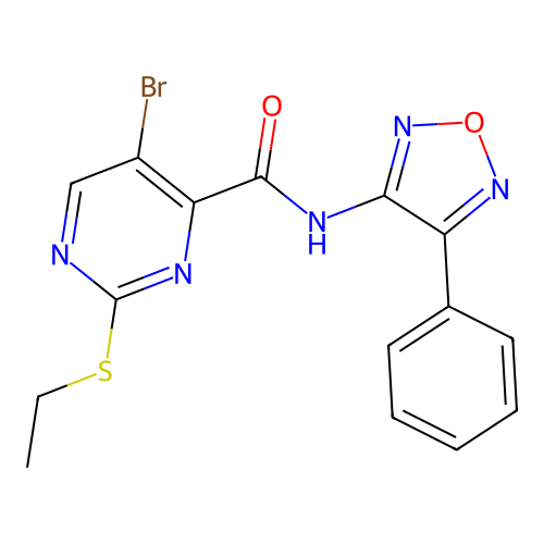 5-bromo-2-(ethylsulfanyl)-N-(4-phenyl-1,2,5-oxadiazol-3-yl)pyrimidine-4-carboxamide structure