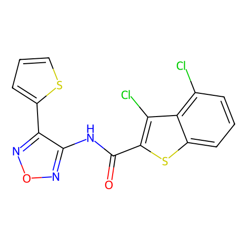 3,4-dichloro-N-[4-(thiophen-2-yl)-1,2,5-oxadiazol-3-yl]-1-benzothiophene-2-carboxamide structure
