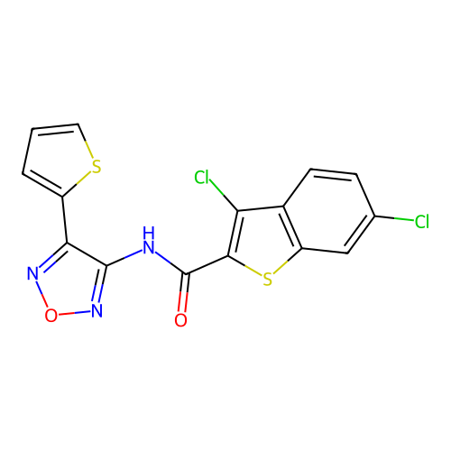 3,6-dichloro-N-[4-(thiophen-2-yl)-1,2,5-oxadiazol-3-yl]-1-benzothiophene-2-carboxamide structure