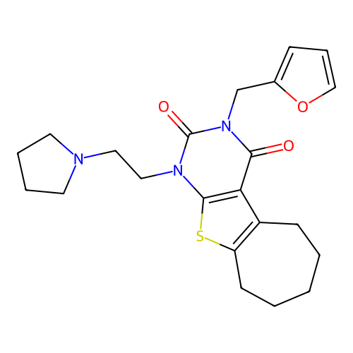 3-(furan-2-ylmethyl)-1-(2-(pyrrolidin-1-yl)ethyl)-6,7,8,9-tetrahydro-1H-cyclohepta[4,5]thieno[2,3-d]pyrimidine-2,4(3H,5H)-dione structure