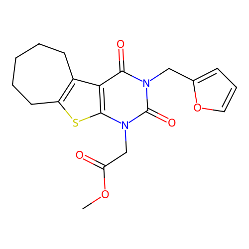 methyl [3-(furan-2-ylmethyl)-2,4-dioxo-3,4,6,7,8,9-hexahydro-2H-cyclohepta[4,5]thieno[2,3-d]pyrimidin-1(5H)-yl]acetate structure