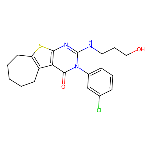 3-(3-chlorophenyl)-2-((3-hydroxypropyl)amino)-6,7,8,9-tetrahydro-3H-cyclohepta[4,5]thieno[2,3-d]pyrimidin-4(5H)-one structure