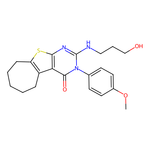 2-((3-hydroxypropyl)amino)-3-(4-methoxyphenyl)-6,7,8,9-tetrahydro-3H-cyclohepta[4,5]thieno[2,3-d]pyrimidin-4(5H)-one structure
