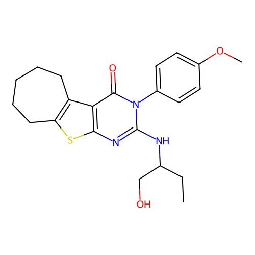 2-((1-hydroxybutan-2-yl)amino)-3-(4-methoxyphenyl)-6,7,8,9-tetrahydro-3H-cyclohepta[4,5]thieno[2,3-d]pyrimidin-4(5H)-one structure