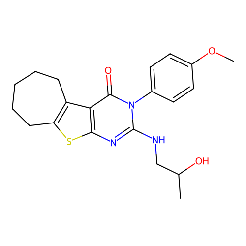 2-((2-hydroxypropyl)amino)-3-(4-methoxyphenyl)-6,7,8,9-tetrahydro-3H-cyclohepta[4,5]thieno[2,3-d]pyrimidin-4(5H)-one structure