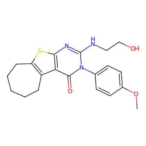 2-((2-hydroxyethyl)amino)-3-(4-methoxyphenyl)-6,7,8,9-tetrahydro-3H-cyclohepta[4,5]thieno[2,3-d]pyrimidin-4(5H)-one structure