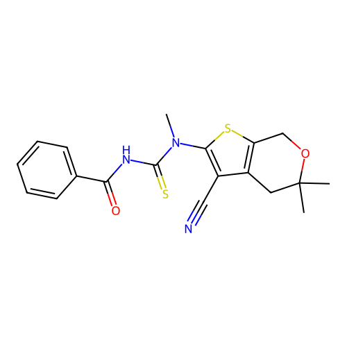 N-[(3-cyano-5,5-dimethyl-4,7-dihydrothieno[2,3-c]pyran-2-yl)-methylcarbamothioyl]benzamide structure