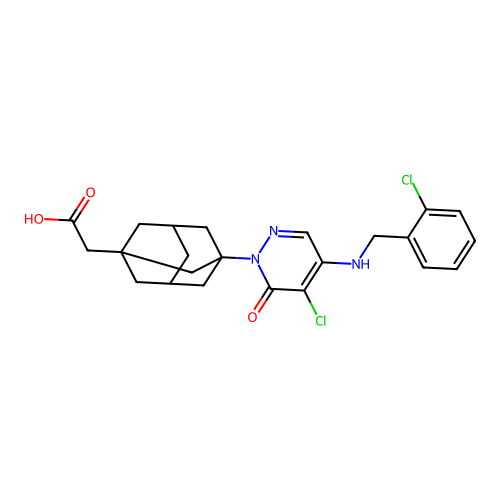 (3-{5-chloro-4-[(2-chlorobenzyl)amino]-6-oxopyridazin-1(6H)-yl}tricyclo[3.3.1.1~3,7~]dec-1-yl)acetic acid structure