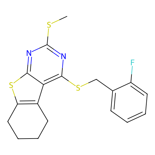 4-((2-fluorobenzyl)thio)-2-(methylthio)-5,6,7,8-tetrahydrobenzo[4,5]thieno[2,3-d]pyrimidine structure