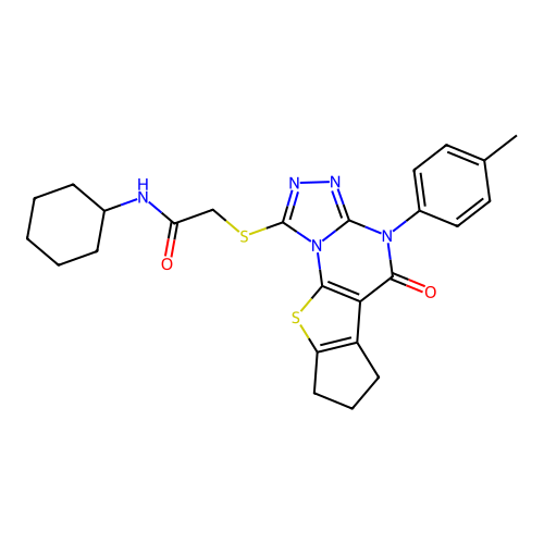 N-cyclohexyl-2-((5-oxo-4-(p-tolyl)-5,6,7,8-tetrahydro-4H-cyclopenta[4,5]thieno[3,2-e][1,2,4]triazolo[4,3-a]pyrimidin-1-yl)thio)acetamide structure