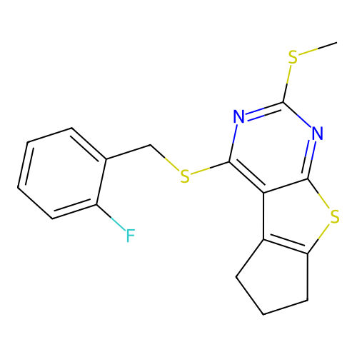 4-((2-fluorobenzyl)thio)-2-(methylthio)-6,7-dihydro-5H-cyclopenta[4,5]thieno[2,3-d]pyrimidine structure