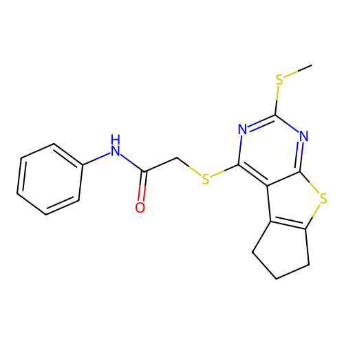 2-((2-(methylthio)-6,7-dihydro-5H-cyclopenta[4,5]thieno[2,3-d]pyrimidin-4-yl)thio)-N-phenylacetamide structure