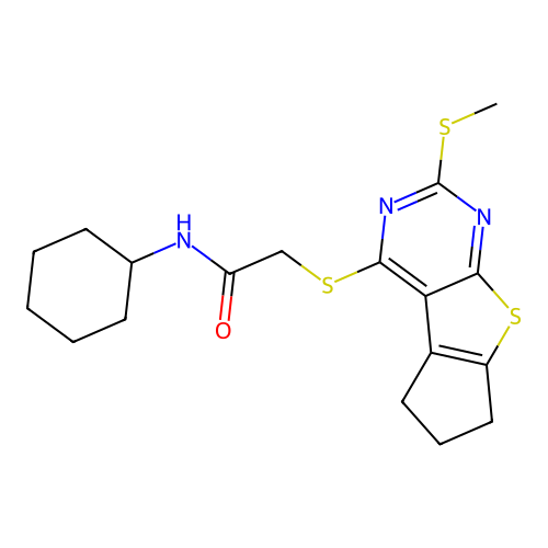 N-cyclohexyl-2-((2-(methylthio)-6,7-dihydro-5H-cyclopenta[4,5]thieno[2,3-d]pyrimidin-4-yl)thio)acetamide structure