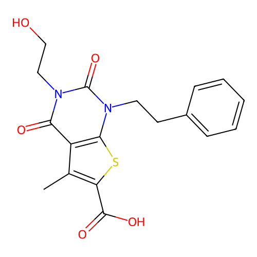 3-(2-hydroxyethyl)-5-methyl-2,4-dioxo-1-phenethyl-1,2,3,4-tetrahydrothieno[2,3-d]pyrimidine-6-carboxylic acid structure
