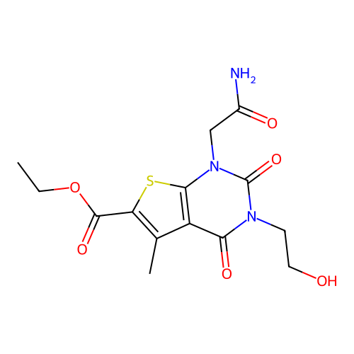 ethyl 1-(2-amino-2-oxoethyl)-3-(2-hydroxyethyl)-5-methyl-2,4-dioxo-1,2,3,4-tetrahydrothieno[2,3-d]pyrimidine-6-carboxylate structure