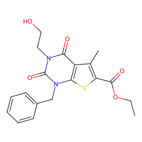 ethyl 1-benzyl-3-(2-hydroxyethyl)-5-methyl-2,4-dioxo-1,2,3,4-tetrahydrothieno[2,3-d]pyrimidine-6-carboxylate structure
