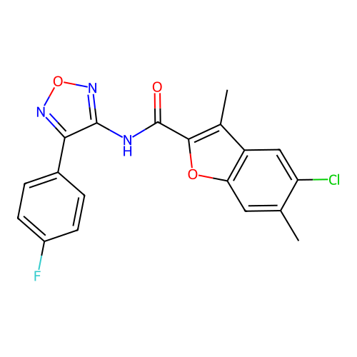 5-chloro-N-[4-(4-fluorophenyl)-1,2,5-oxadiazol-3-yl]-3,6-dimethyl-1-benzofuran-2-carboxamide structure