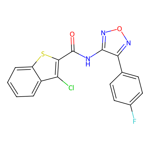 3-chloro-N-[4-(4-fluorophenyl)-1,2,5-oxadiazol-3-yl]-1-benzothiophene-2-carboxamide structure