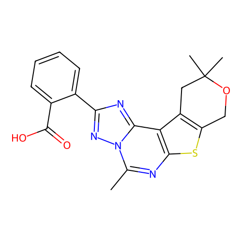 2-(5,10,10-trimethyl-10,11-dihydro-8H-pyrano[4',3':4,5]thieno[3,2-e][1,2,4]triazolo[1,5-c]pyrimidin-2-yl)benzoic acid structure
