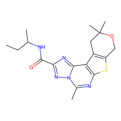N-(butan-2-yl)-5,10,10-trimethyl-10,11-dihydro-8H-pyrano[4',3':4,5]thieno[3,2-e][1,2,4]triazolo[1,5-c]pyrimidine-2-carboxamide structure
