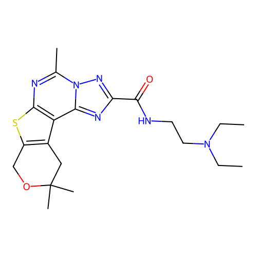 N-(2-(diethylamino)ethyl)-5,10,10-trimethyl-10,11-dihydro-8H-pyrano[4',3':4,5]thieno[3,2-e][1,2,4]triazolo[1,5-c]pyrimidine-2-carboxamide structure