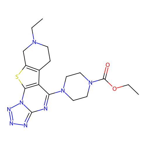 ethyl 4-(8-ethyl-6,7,8,9-tetrahydropyrido[4',3':4,5]thieno[3,2-e]tetrazolo[1,5-a]pyrimidin-5-yl)piperazine-1-carboxylate structure