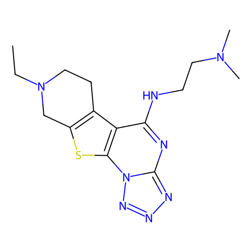N'-(8-ethyl-6,7,8,9-tetrahydropyrido[4',3':4,5]thieno[3,2-e]tetrazolo[1,5-a]pyrimidin-5-yl)-N,N-dimethylethane-1,2-diamine structure