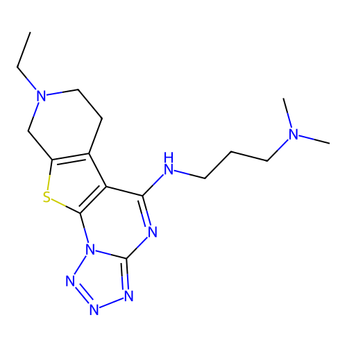 N'-(8-ethyl-6,7,8,9-tetrahydropyrido[4',3':4,5]thieno[3,2-e]tetrazolo[1,5-a]pyrimidin-5-yl)-N,N-dimethylpropane-1,3-diamine structure