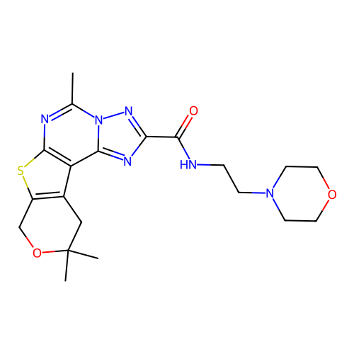 5,10,10-trimethyl-N-(2-morpholinoethyl)-10,11-dihydro-8H-pyrano[4',3':4,5]thieno[3,2-e][1,2,4]triazolo[1,5-c]pyrimidine-2-carboxamide structure