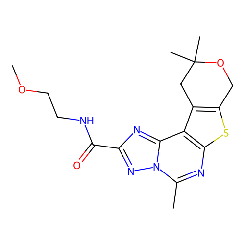 N-(2-methoxyethyl)-5,10,10-trimethyl-10,11-dihydro-8H-pyrano[4',3':4,5]thieno[3,2-e][1,2,4]triazolo[1,5-c]pyrimidine-2-carboxamide structure