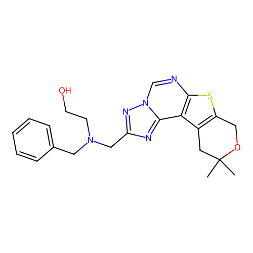 2-(benzyl((10,10-dimethyl-10,11-dihydro-8H-pyrano[4',3':4,5]thieno[3,2-e][1,2,4]triazolo[1,5-c]pyrimidin-2-yl)methyl)amino)ethanol structure