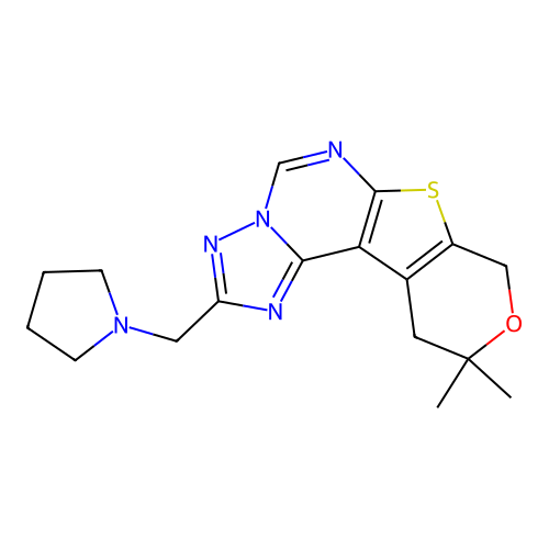 10,10-dimethyl-2-(pyrrolidin-1-ylmethyl)-10,11-dihydro-8H-pyrano[4',3':4,5]thieno[3,2-e][1,2,4]triazolo[1,5-c]pyrimidine structure