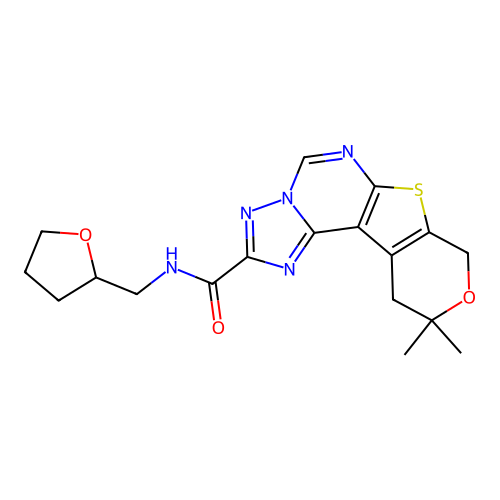 10,10-dimethyl-N-((tetrahydrofuran-2-yl)methyl)-10,11-dihydro-8H-pyrano[4',3':4,5]thieno[3,2-e][1,2,4]triazolo[1,5-c]pyrimidine-2-carboxamide structure